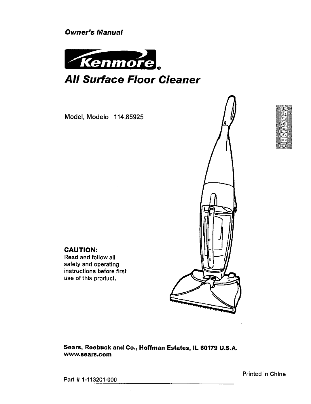 Kenmore 114.85925 owner manual All Surface Floor Cleaner 