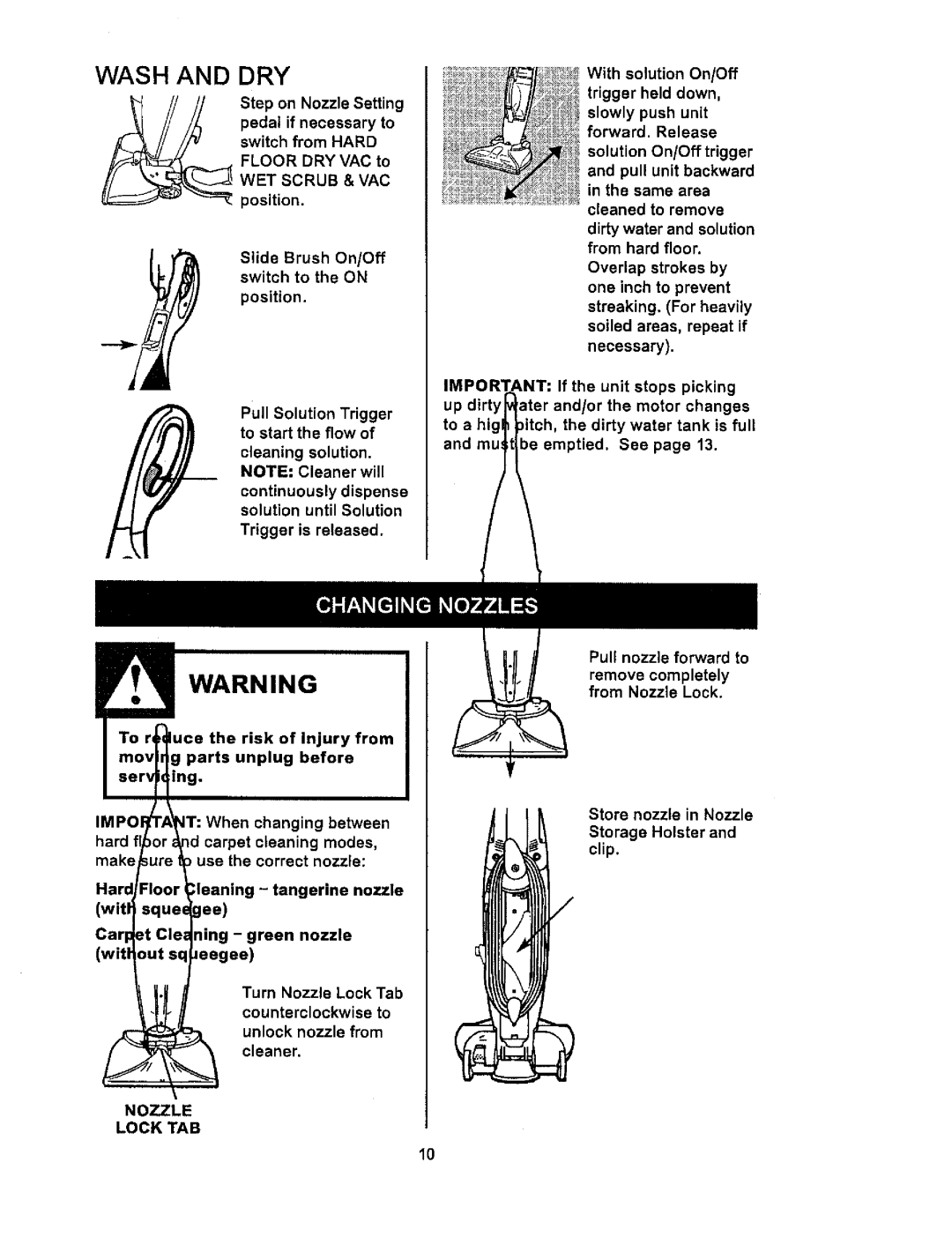 Kenmore 114.85925 owner manual Wash and DRY, Rning, Nozzle Lock TAB 