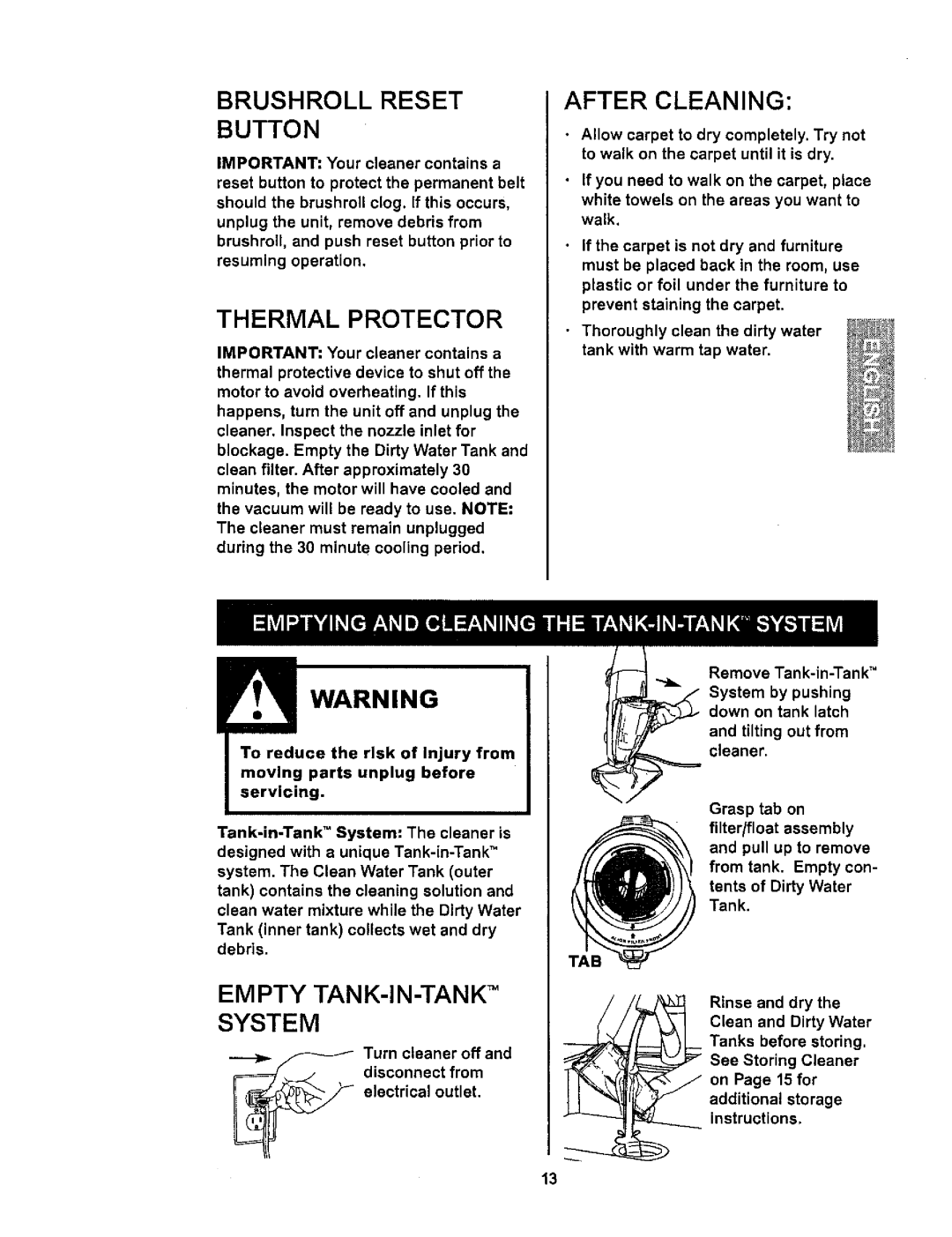 Kenmore 114.85925 owner manual Brushroll Reset Button, Thermal Protector, After Cleaning, Empty TANK-IN-TANK TM, System 