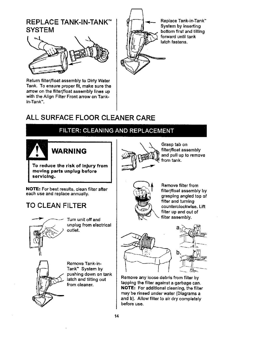 Kenmore 114.85925 owner manual Replace TANK-IN-TANK System, ALL Surface Floor Cleaner Care, To Clean Filter 