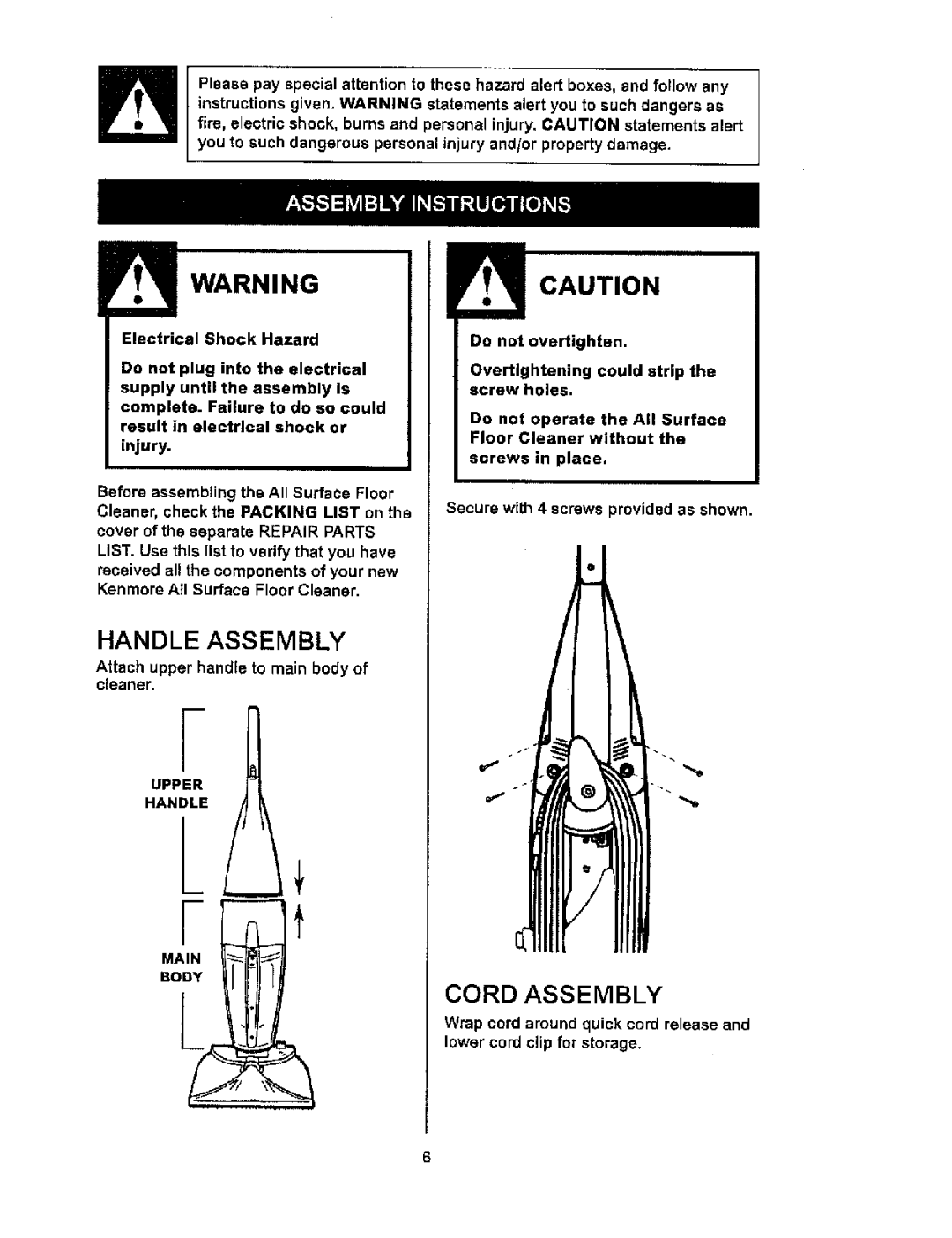 Kenmore 114.85925 owner manual Handle Assembly, Cord Assembly, Upper Handle 