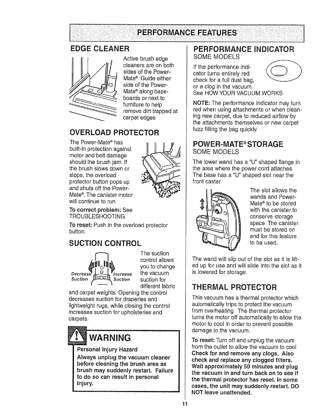 Kenmore 116.21513, 116.20512 Edge Cleaner, Overload Protector, Suction Control, Performance Indicator, Thermal Protector 