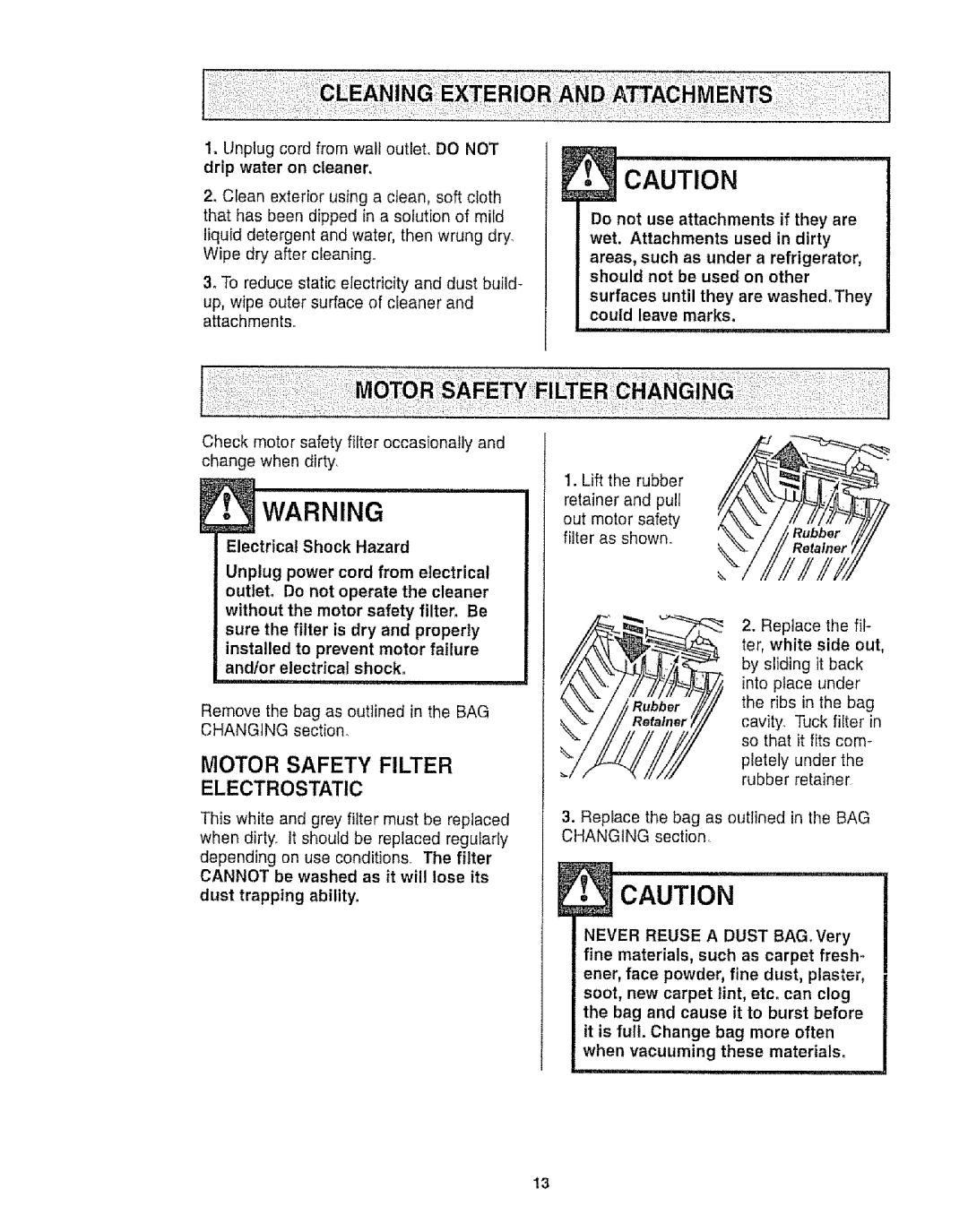 Kenmore 116.21513, 116.20512 owner manual Motor Safety Filter Electrostatic 