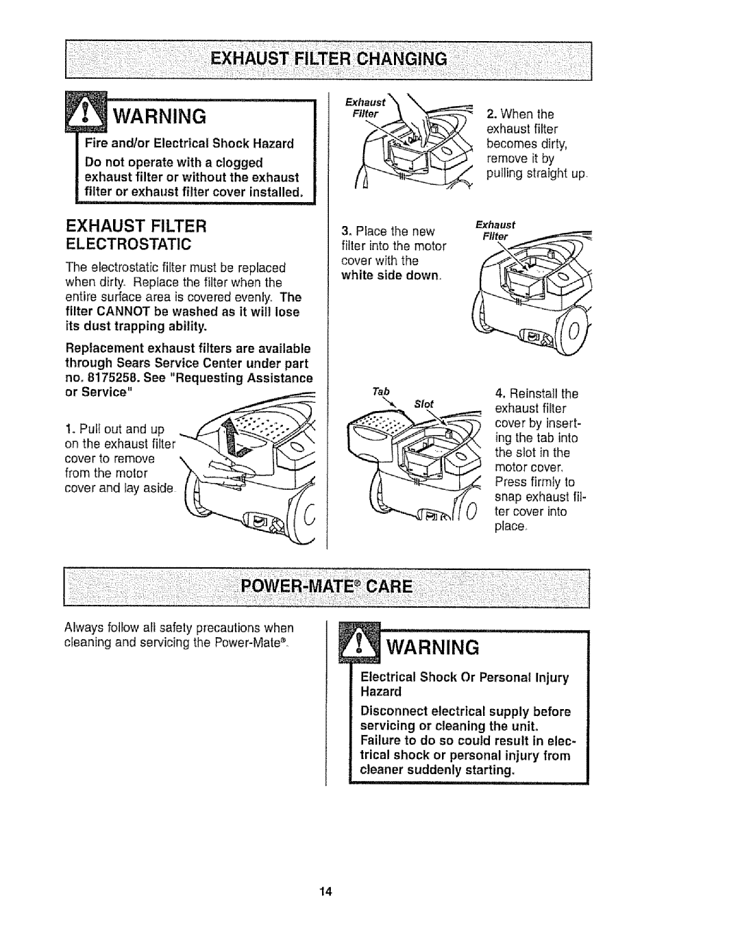 Kenmore 116.20512, 116.21513 owner manual Exhaust Filter Electrostatic, =¢# 