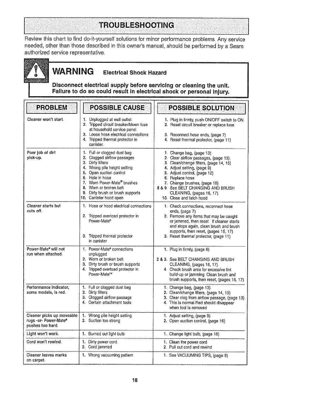 Kenmore 116.20512, 116.21513 owner manual Poor job of dirt pick-up 