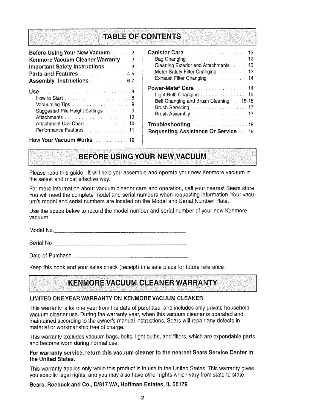 Kenmore 116.20512, 116.21513 owner manual Kenmore, Cleaner Warranty, Safety, Requesting Assistance, Or Service, Vacuum 