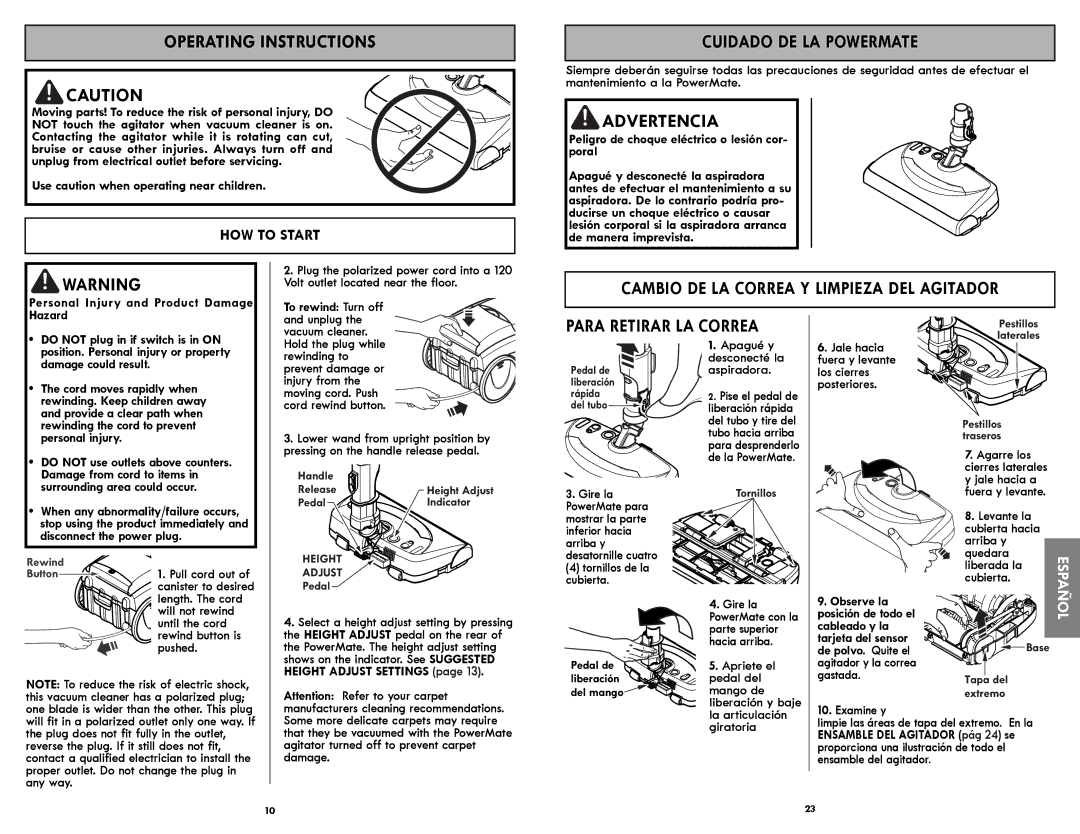 Kenmore 116.21714 manual Operating Instructions, Cuidado DE LA Powermate, Cambio DE LA Correa Y Limpieza DEL Agitador 