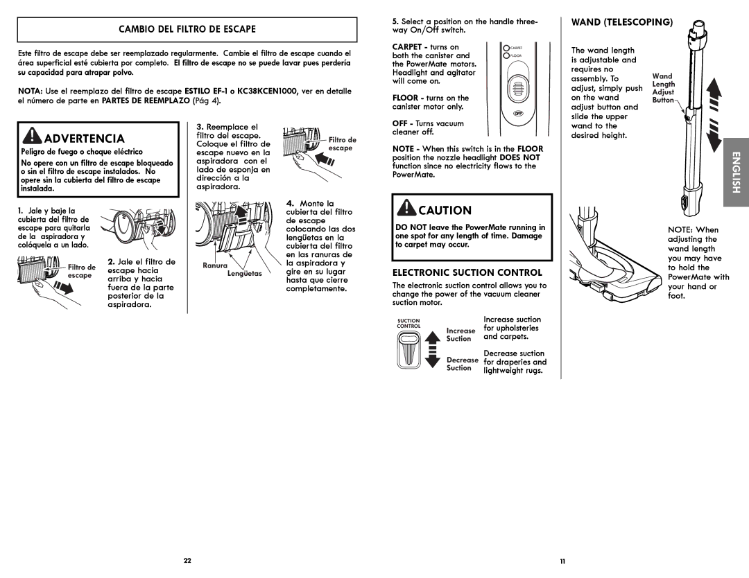 Kenmore 116.21714 manual Wand Telescoping, Electronic Suction Control, Cambio DEL Filtro DE Escape 
