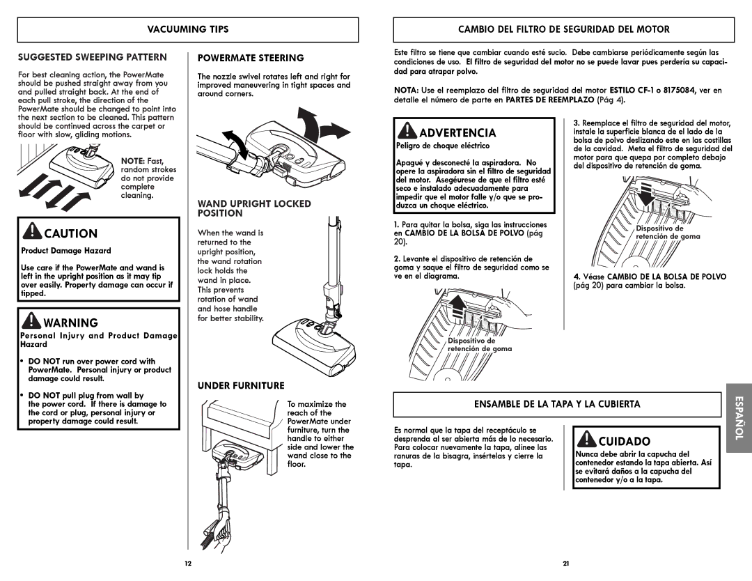 Kenmore 116.21714 manual Vacuuming Tips, Powermate Steering, Wand Upright Locked Position, Under Furniture 