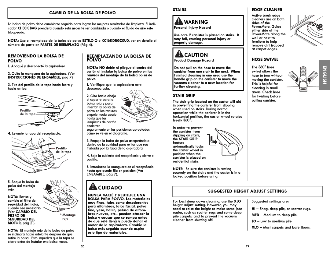 Kenmore 116.21714 manual Cuidado, Reemplazando LA Bolsa DE Polvo 