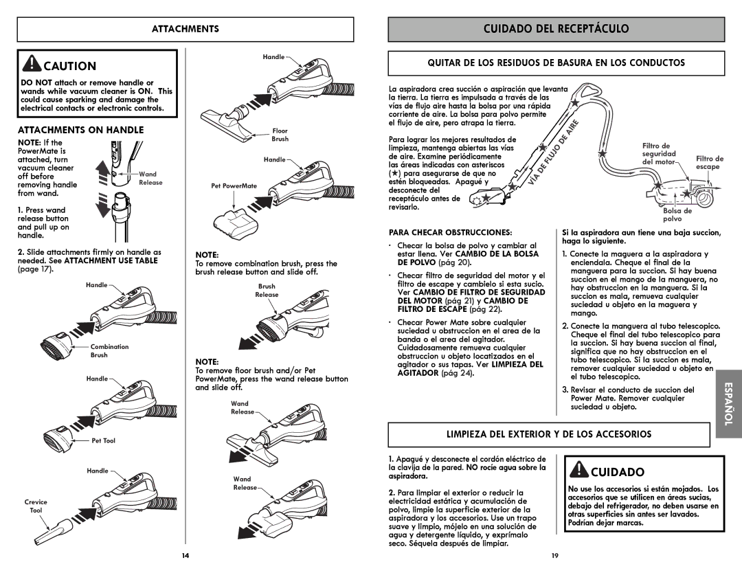 Kenmore 116.21714 Cuidado DEL Receptáculo, Attachments on Handle, Quitar DE LOS Residuos DE Basura EN LOS Conductos 