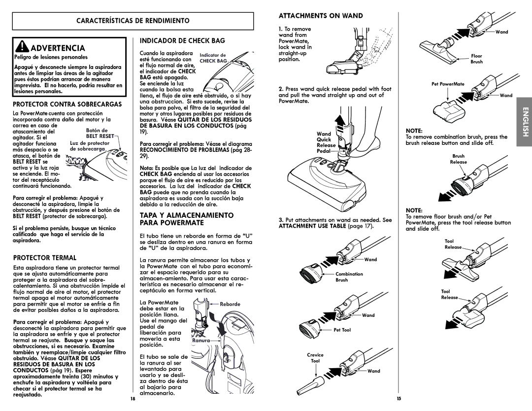 Kenmore 116.21714 manual Attachments on Wand, Características DE Rendimiento, Protector Termal, Indicador DE Check BAG 