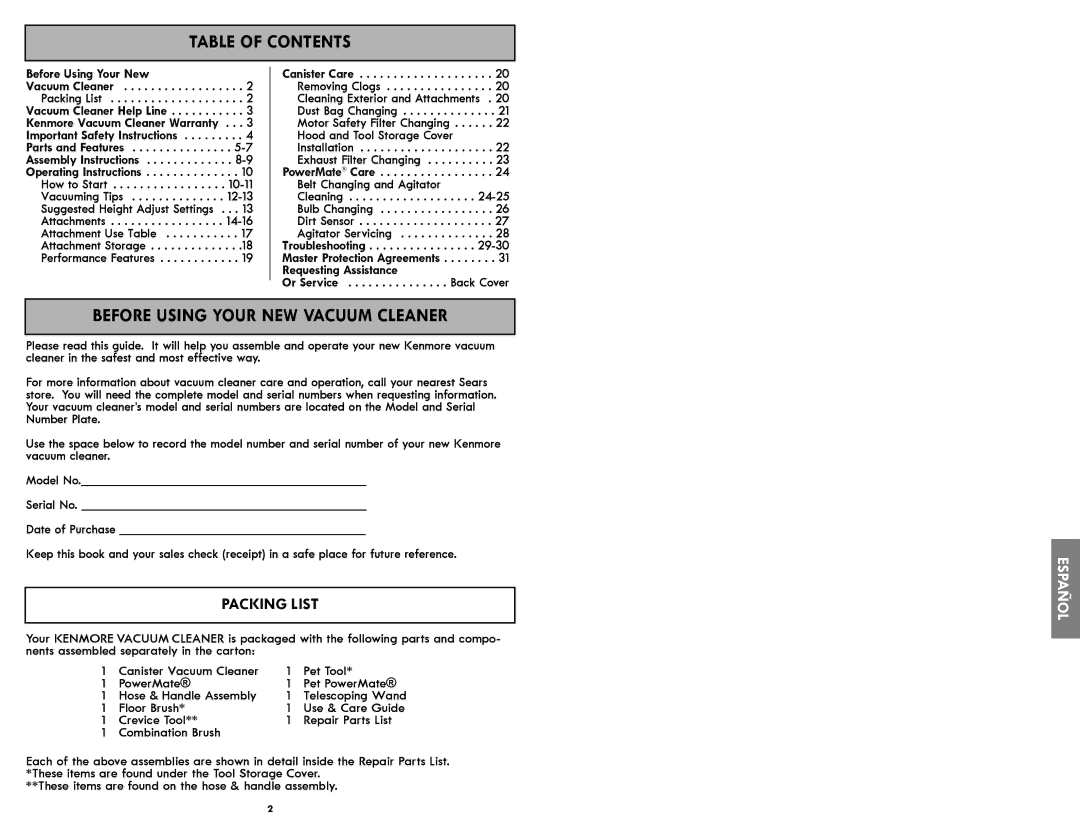 Kenmore 116.21714 manual Table of Contents, Before Using Your NEW Vacuum Cleaner 