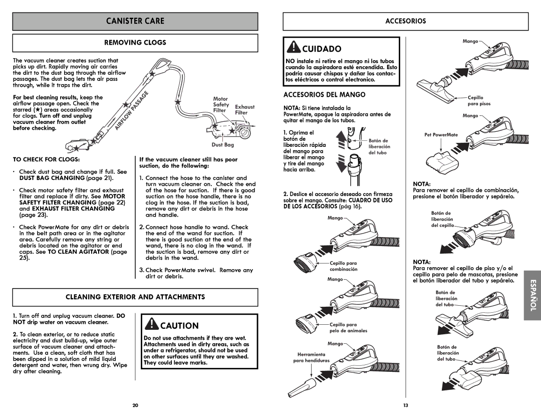 Kenmore 116.21714 manual Canister Care, Removing Clogs, Cleaning Exterior and Attachments, Accesorios DEL Mango 