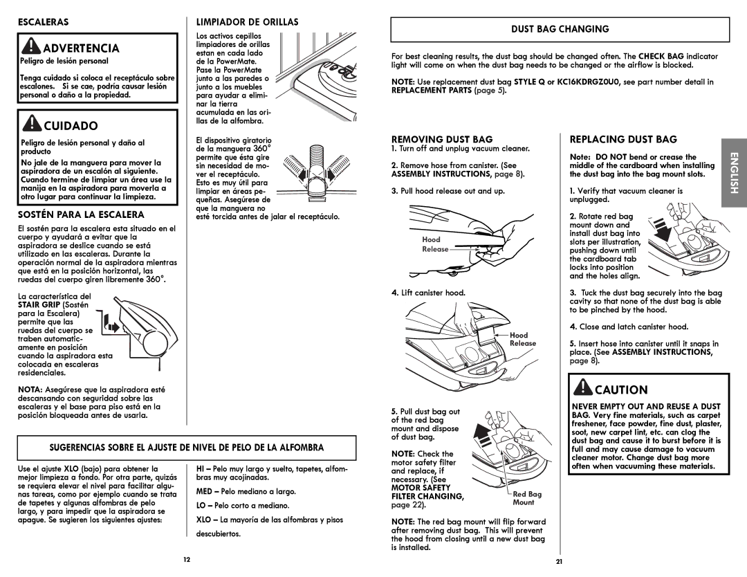 Kenmore 116.21714 manual Replacing Dust BAG, Escaleras, Sostén Para LA Escalera, Removing Dust BAG 