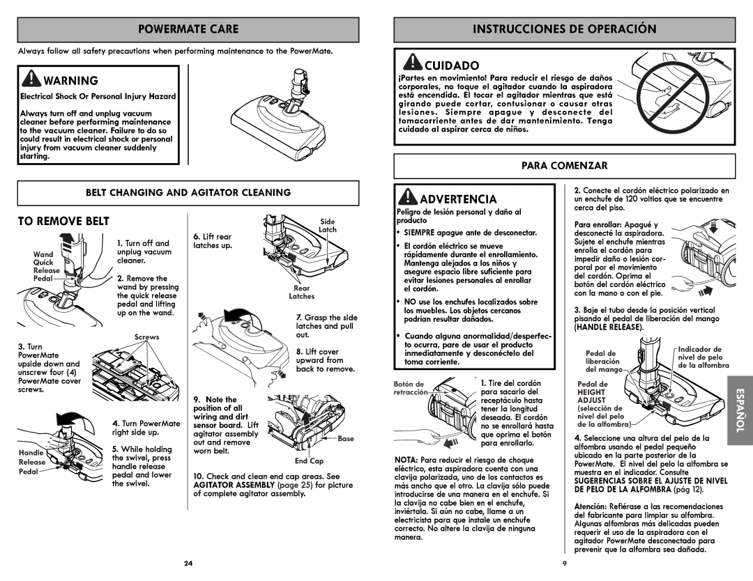 Kenmore 116.21714 manual Powermate Care, To Remove Belt, Belt Changing and Agitator Cleaning, Advertencia, Para Comenzar 