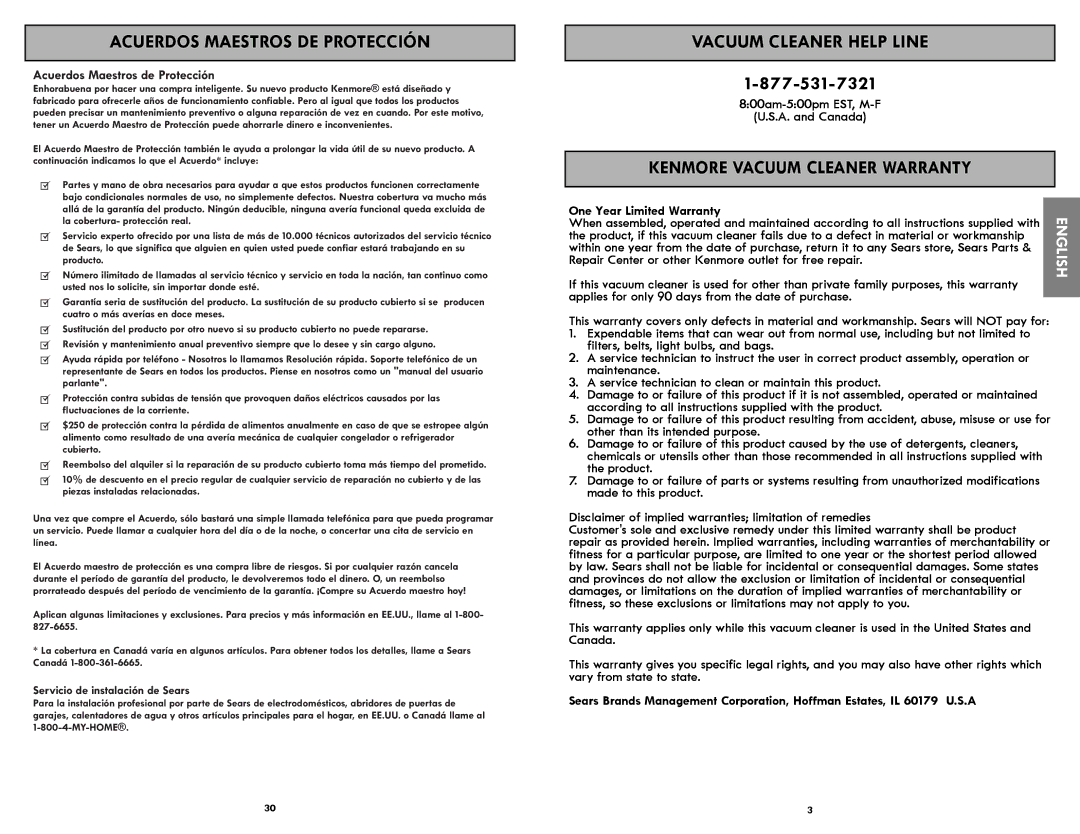 Kenmore 116.21714 manual Acuerdos Maestros DE Protección, Vacuum Cleaner Help Line, Kenmore Vacuum Cleaner Warranty 