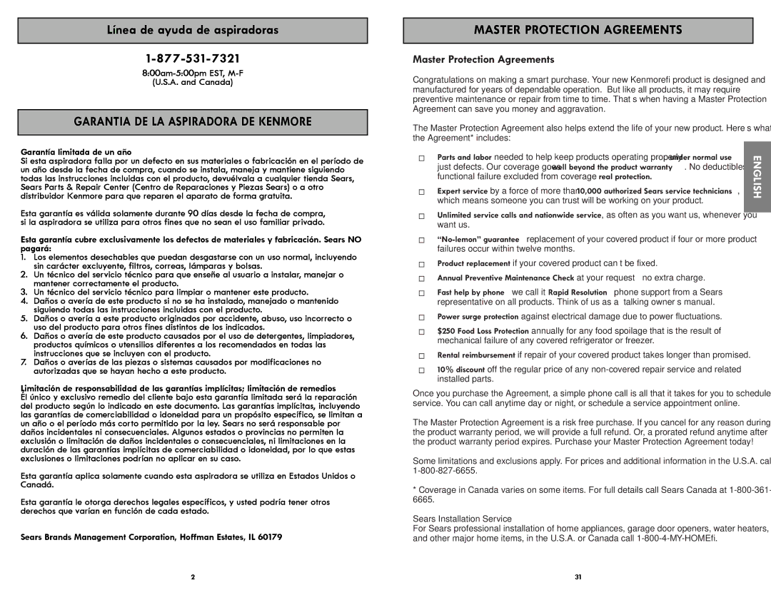 Kenmore 116.21714 manual Master Protection Agreements, Garantia DE LA Aspiradora DE Kenmore, Garantía limitada de un año 