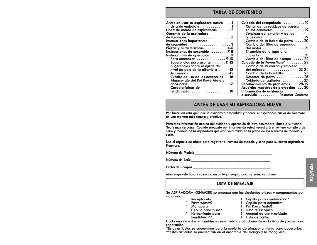 Kenmore 116.21714 manual Tabla DE Contenido, Antes DE Usar SU Aspiradora Nueva, Lista DE Embalaje 