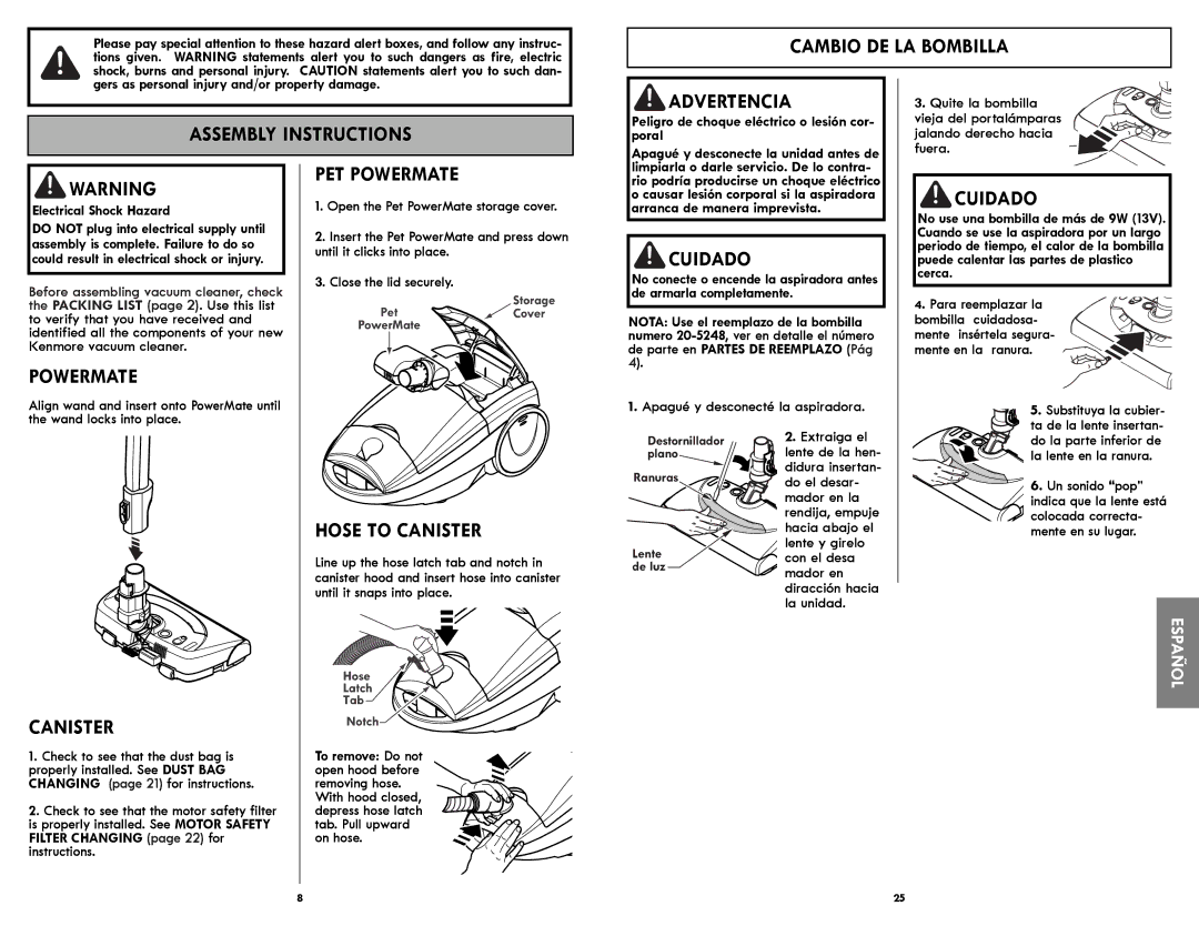 Kenmore 116.21714 manual Cambio DE LA Bombilla Assembly Instructions Advertencia, PET Powermate, Hose to Canister 