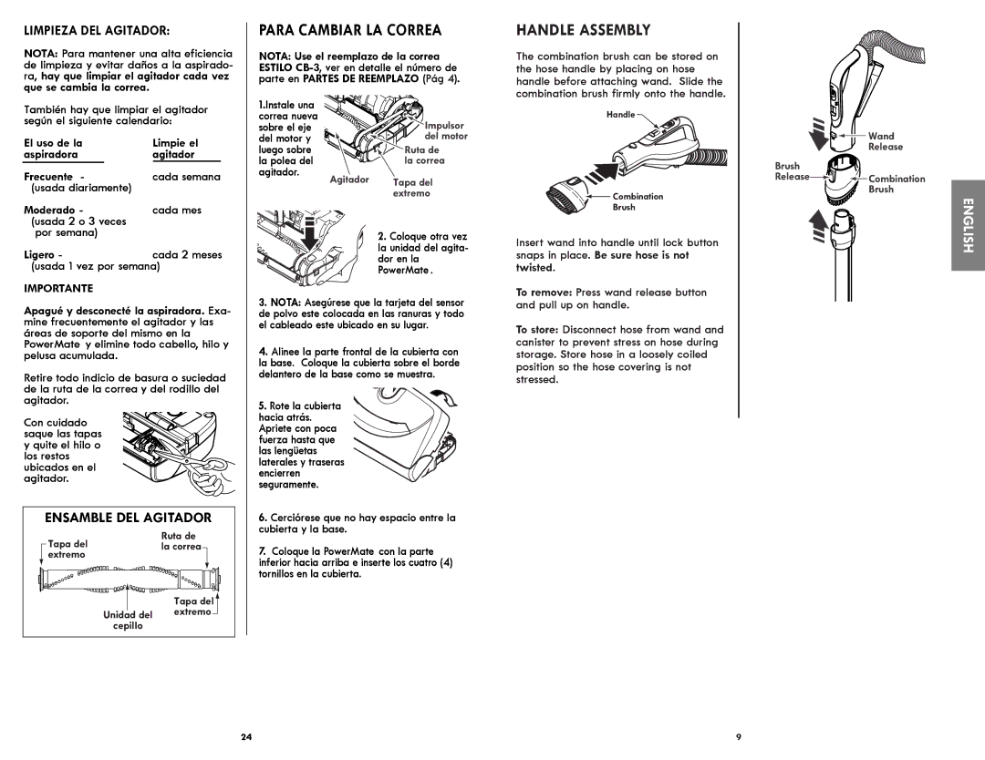 Kenmore 116.21714 manual Handle Assembly, Para Cambiar LA Correa, Limpieza DEL Agitador, Importante, Ensamble DEL Agitador 