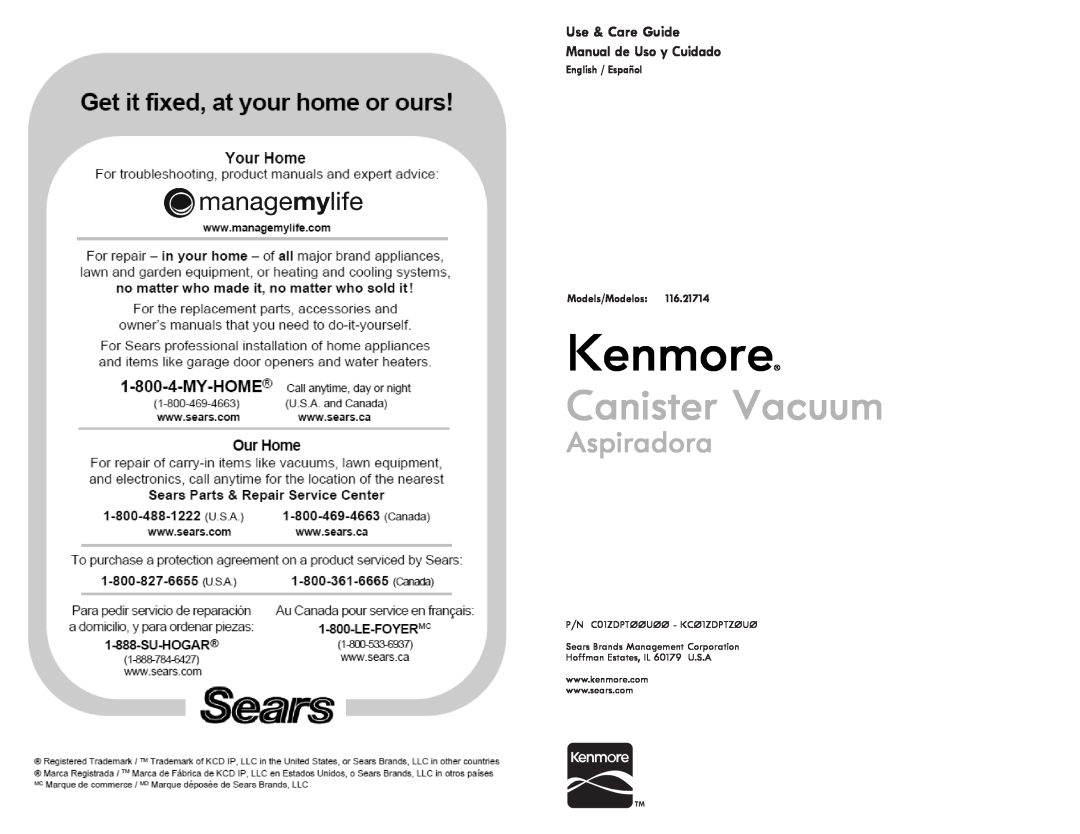 Kenmore 116.21714 manual Use & Care Guide, Manual de Uso y Cuidado, Kenmore, Canister Vacuum, Aspiradora 