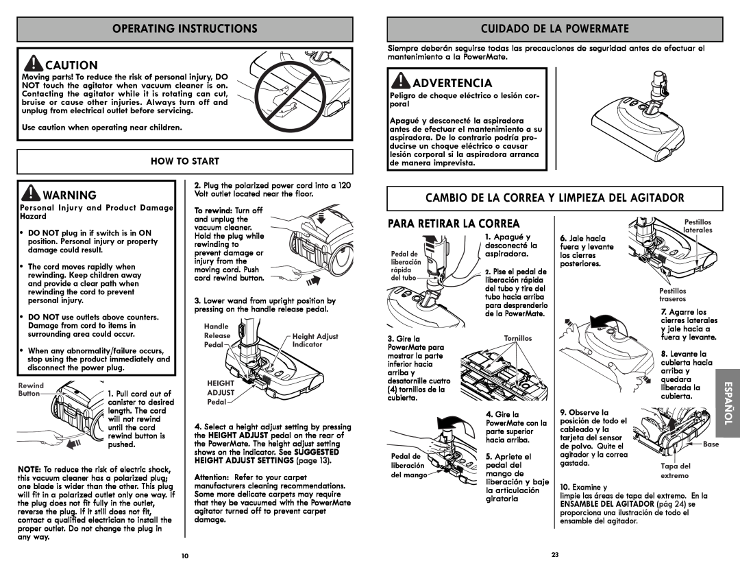 Kenmore 116.21714 manual Operating Instructions, Cuidado De La Powermate, Cambio De La Correa Y Limpieza Del Agitador 