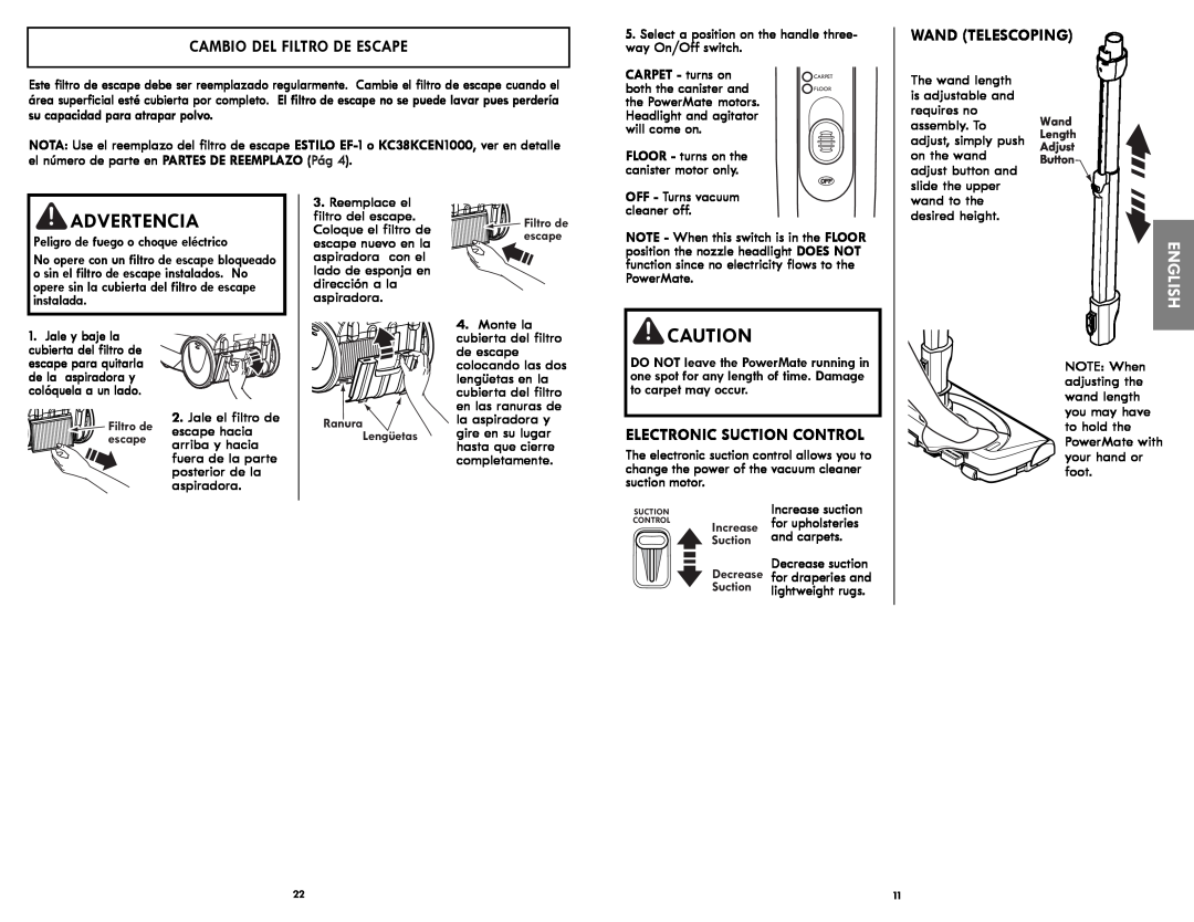Kenmore 116.21714 manual Wand Telescoping, Electronic Suction Control, Cambio Del Filtro De Escape, Advertencia, English 