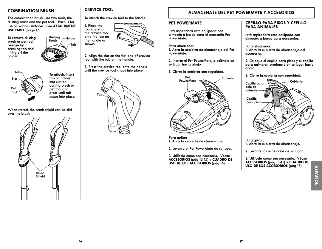 Kenmore 116.21714 manual Combination Brush, Almacenaje Del Pet Powermate Y Accesorios, Crevice Tool 