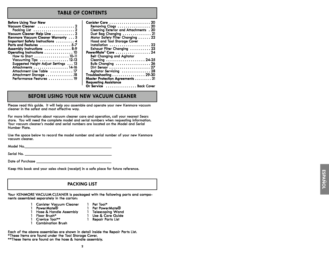 Kenmore 116.21714 manual Table Of Contents, Before Using Your New Vacuum Cleaner, Packing List, Español 