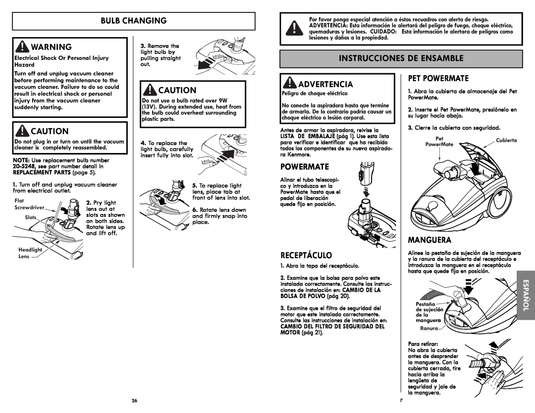 Kenmore 116.21714 manual Instrucciones De Ensamble, Bulb Changing, Receptáculo, Pet Powermate, Manguera, Advertencia 