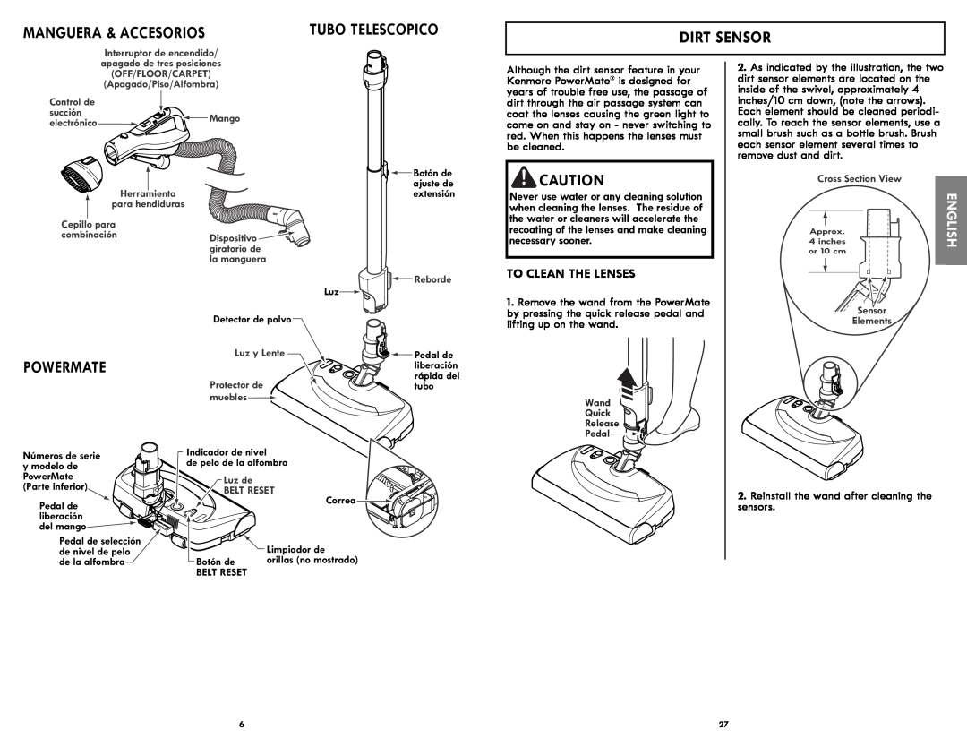 Kenmore 116.21714 manual Dirt Sensor, Manguera & Accesorios, Powermate, To Clean The Lenses, Tubo Telescopico 