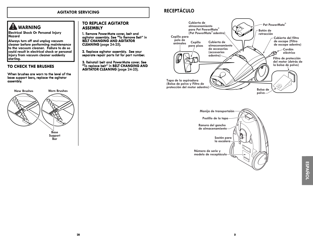 Kenmore 116.21714 manual To Replace Agitator Assembly, Agitator Servicing, To Check The Brushes, Receptáculo, Español 