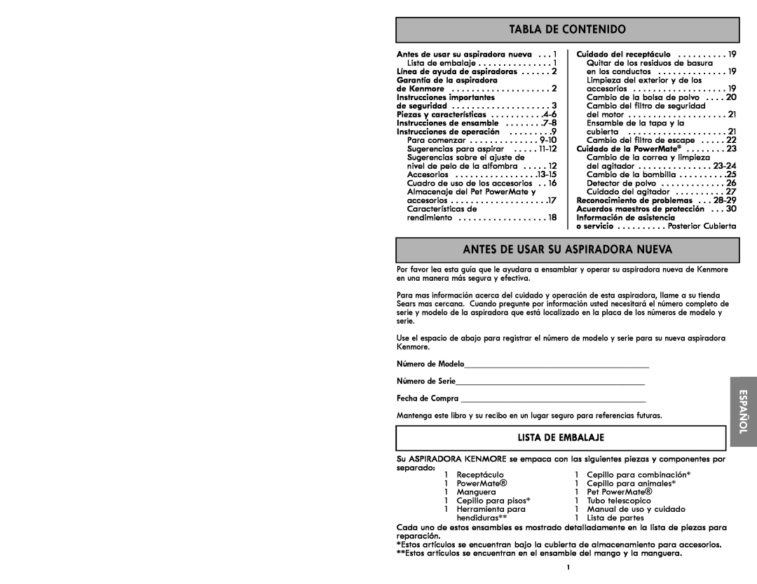 Kenmore 116.21714 manual Tabla De Contenido, Antes De Usar Su Aspiradora Nueva, Lista De Embalaje, Español 