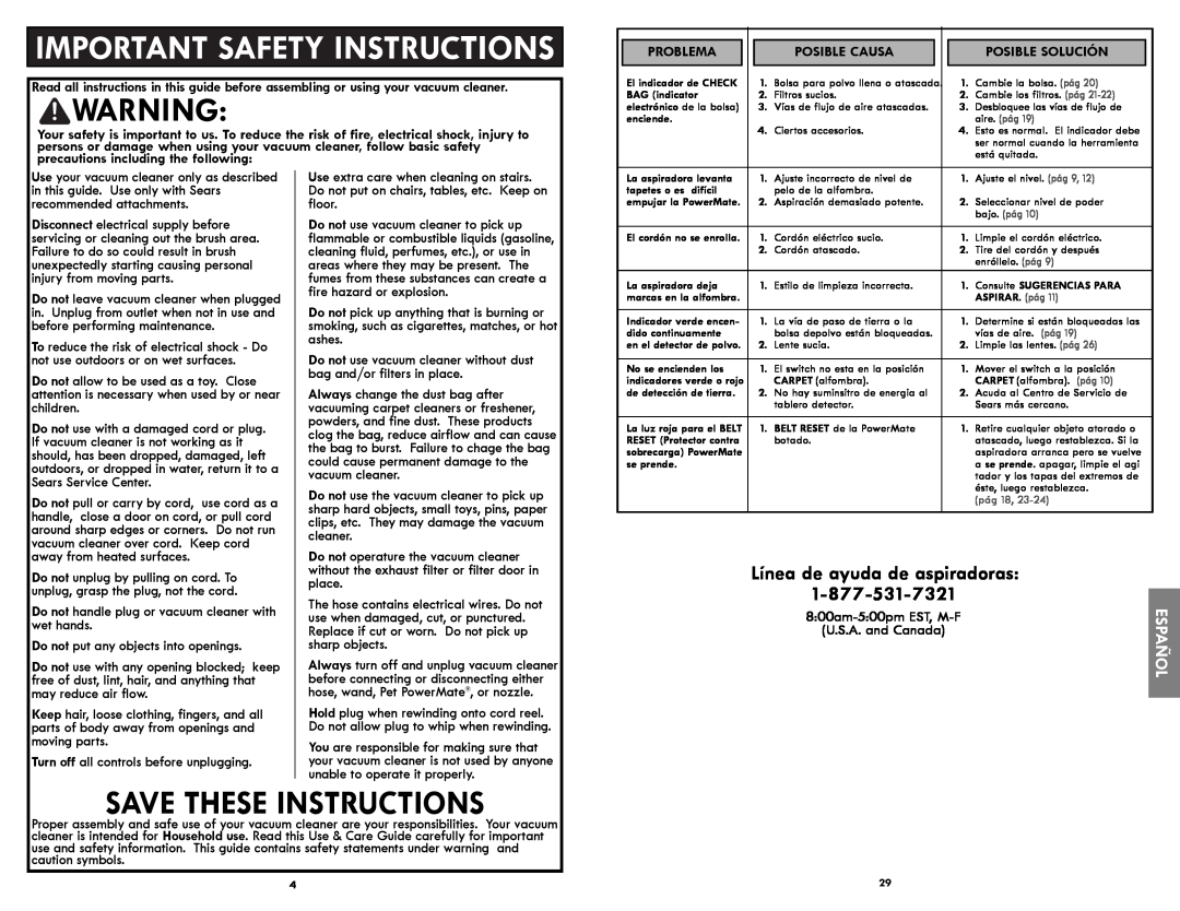 Kenmore 116.21714 manual Línea de ayuda de aspiradoras, Important Safety Instructions, Save These Instructions 