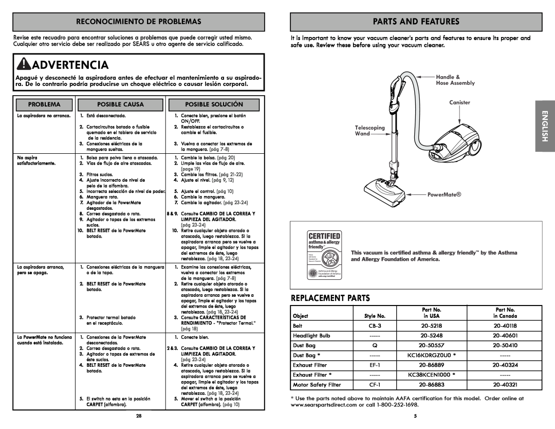 Kenmore 116.21714 manual Parts And Features, Replacement Parts, Reconocimiento De Problemas, Advertencia 