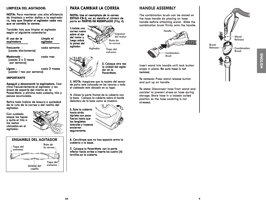 Kenmore 116.21714 manual Handle Assembly, Para Cambiar La Correa, English, Limpieza Del Agitador 