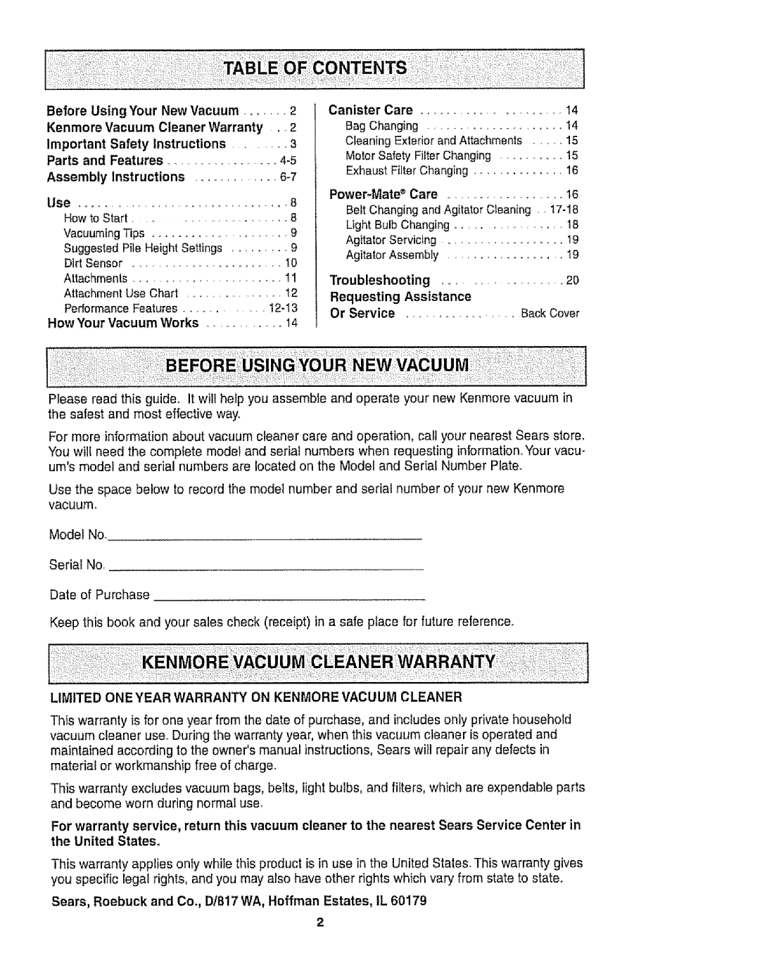 Kenmore 116.22813 Before Using Your New Vacuum, Kenmore Vacuum Cleaner Warranty, Safety Instructions, Parts Features 