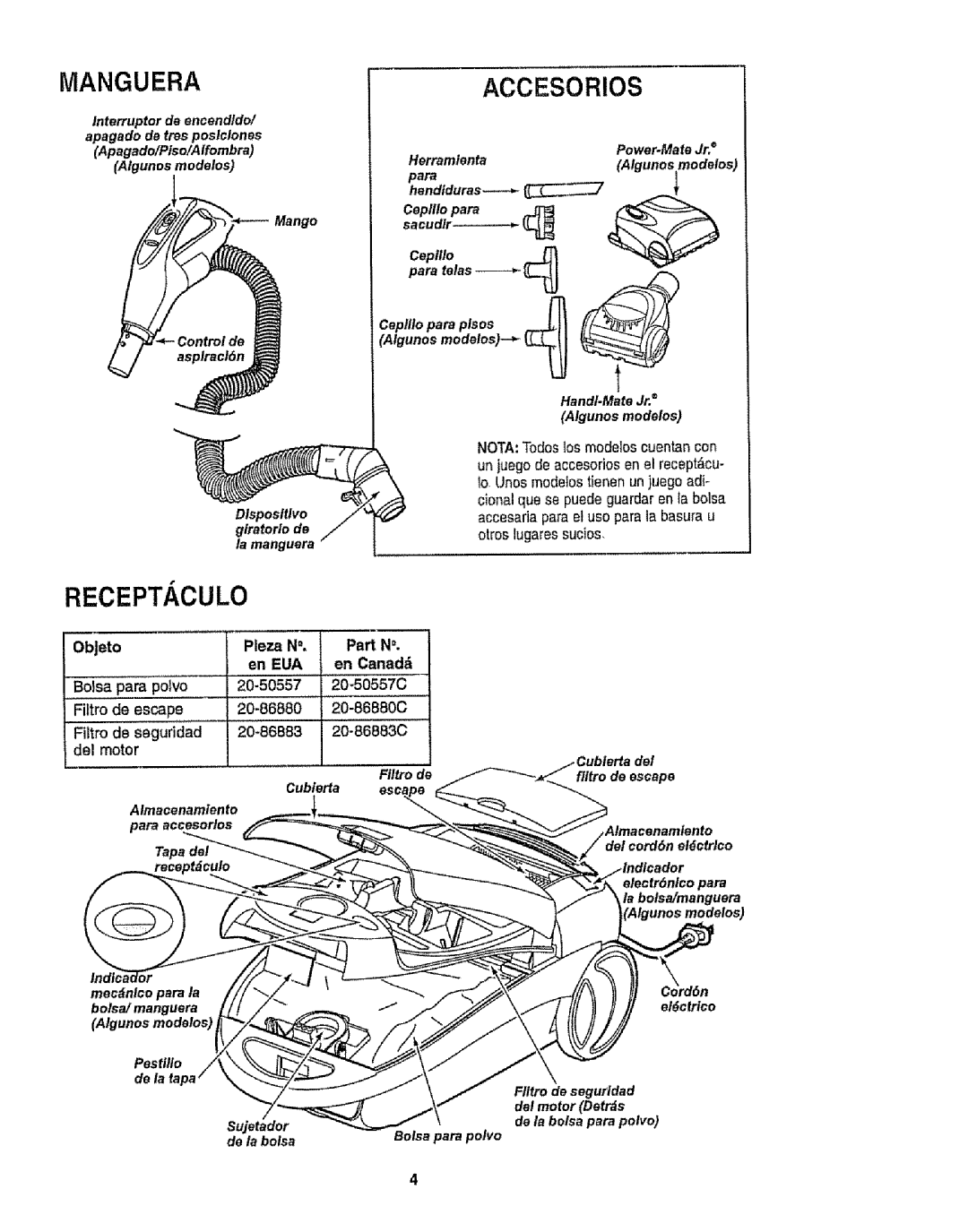 Kenmore 116.22813 Accesorios, NOTATodos los modelos cuentan con, ObJeto Pleza N Part N En EUA En Canadd Boisa,para polvo 