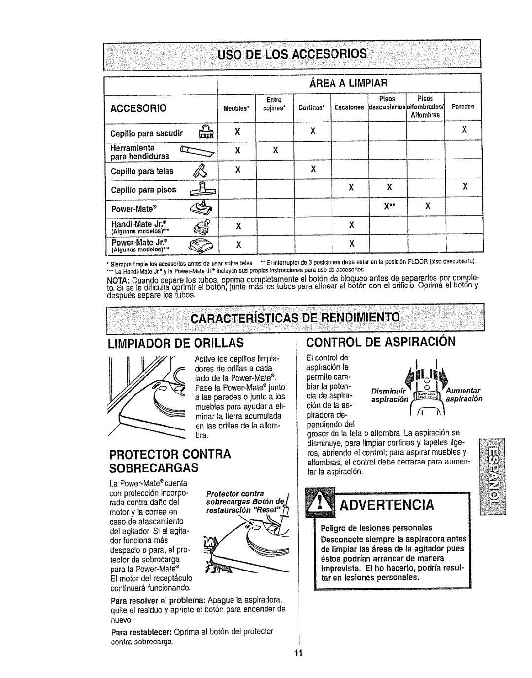 Kenmore 116.22812, 116.22813 Advertencia, Limpiador DE, Asplracl6n, Protector contra 1 sobrecargasBot6n de Res,auracl6n Re 