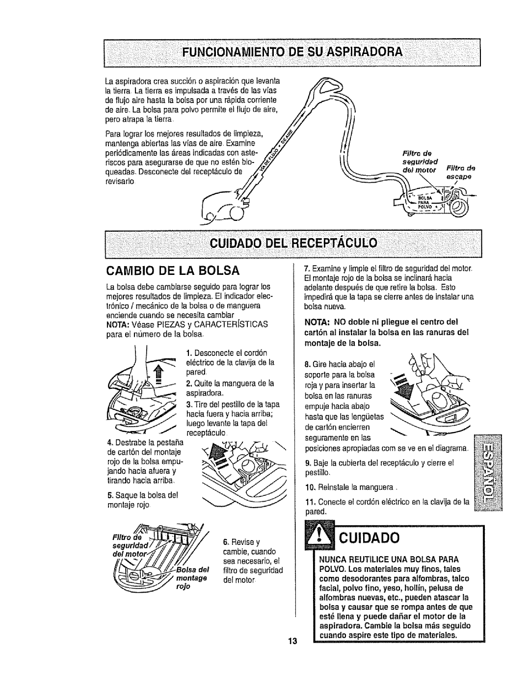 Kenmore 116.22812, 116.22813 owner manual Filt.o, Flltra de, FIItro de, Nunca REUTtLICE UNA Bolsa Para 