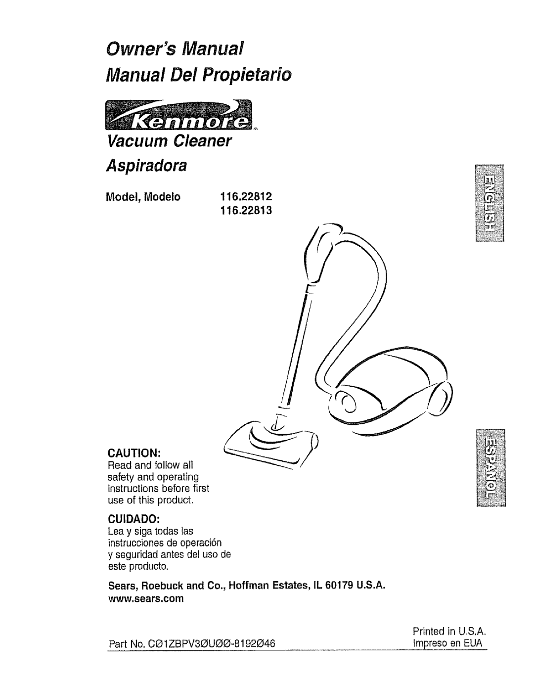 Kenmore 116.22812 owner manual Model, Modelo, Owners Manual Manual Del Propietario, Vacuum Cleaner Aspiradora, 116.22813 