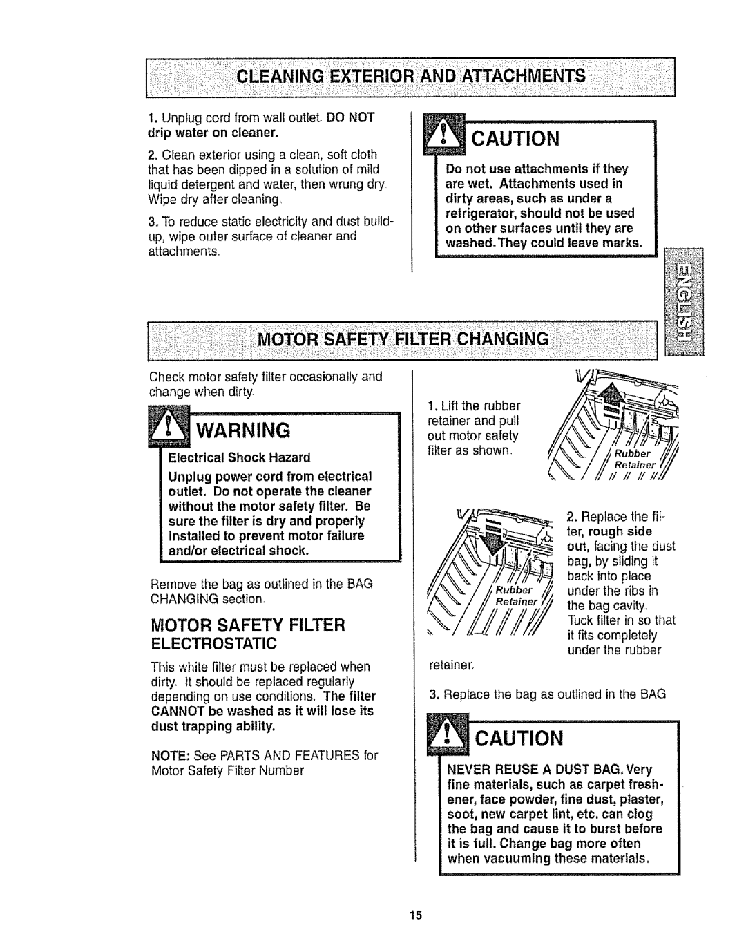 Kenmore 116.22812, 116.22813 owner manual •Caution, Motor Safety Filter Electrostatic, Electrical Shock Hazard 