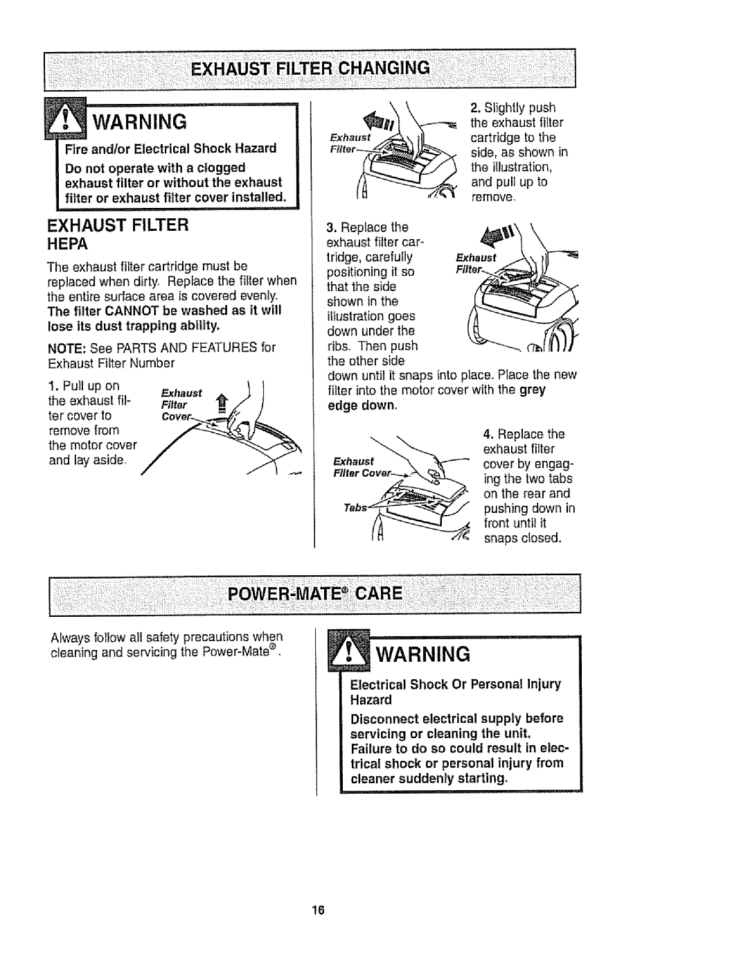 Kenmore 116.22813, 116.22812 owner manual Hepa, Exhaust Filter, Fire andtor Electrical Shock Hazard, illustration 