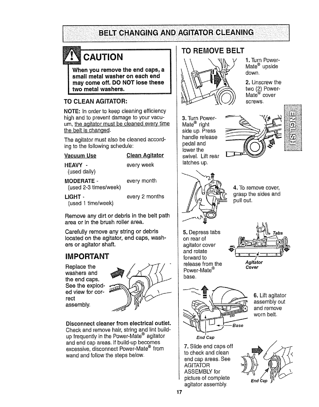 Kenmore 116.22812 E CAUTION, i, To Clean Agitator, Turn Power, Mate upside, down, Unscrew the, two 2 Power, Mate cover 