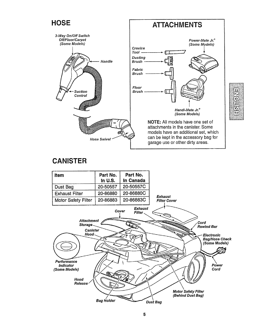 Kenmore 116.22812 Hose, Attachments, Canister, Item, Part No, In Canada, Dust Bag, 20-50557C, Exhaust Filter, 20-86880C 