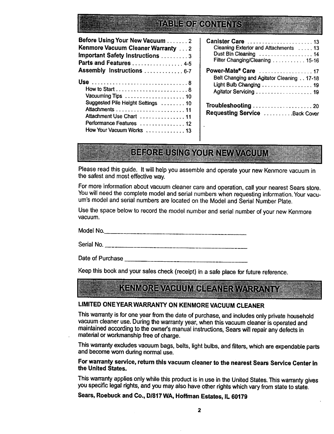 Kenmore 116.22823, 116.22822 owner manual Date of Purchase, Limited Oneyearwarranty on Kenmore Vacuum Cleaner 