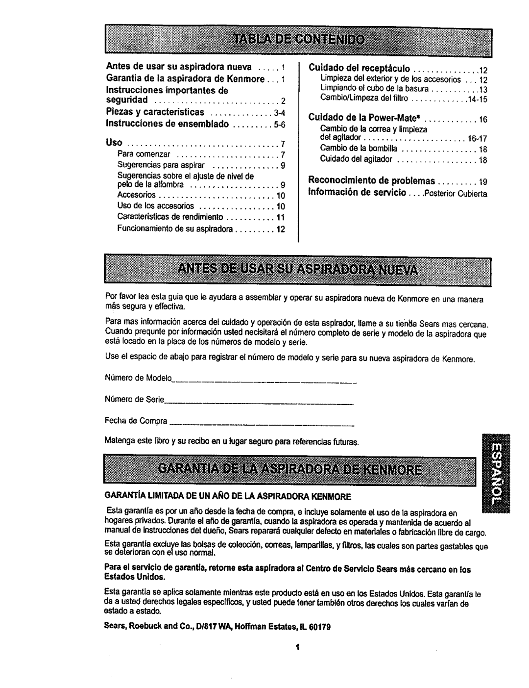 Kenmore 116.22822, 116.22823 owner manual Nmem de Ser, Garantia Limitada DE UN AIO DE LA Aspiradora Kenmore 