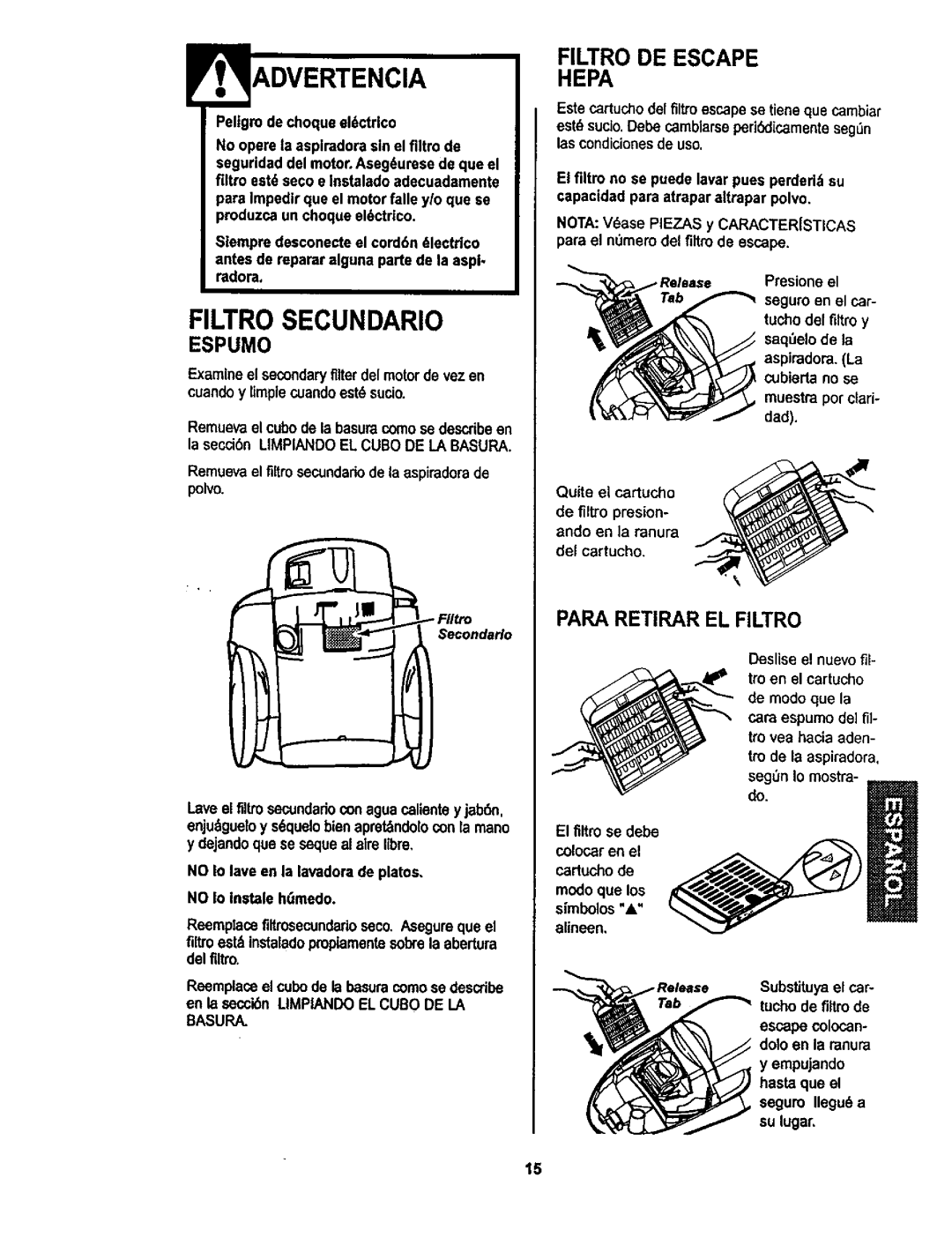 Kenmore 116.22822, 116.22823 owner manual Filtrosecundario, Filtro DE Escape Hepa, Basura, Empujando 