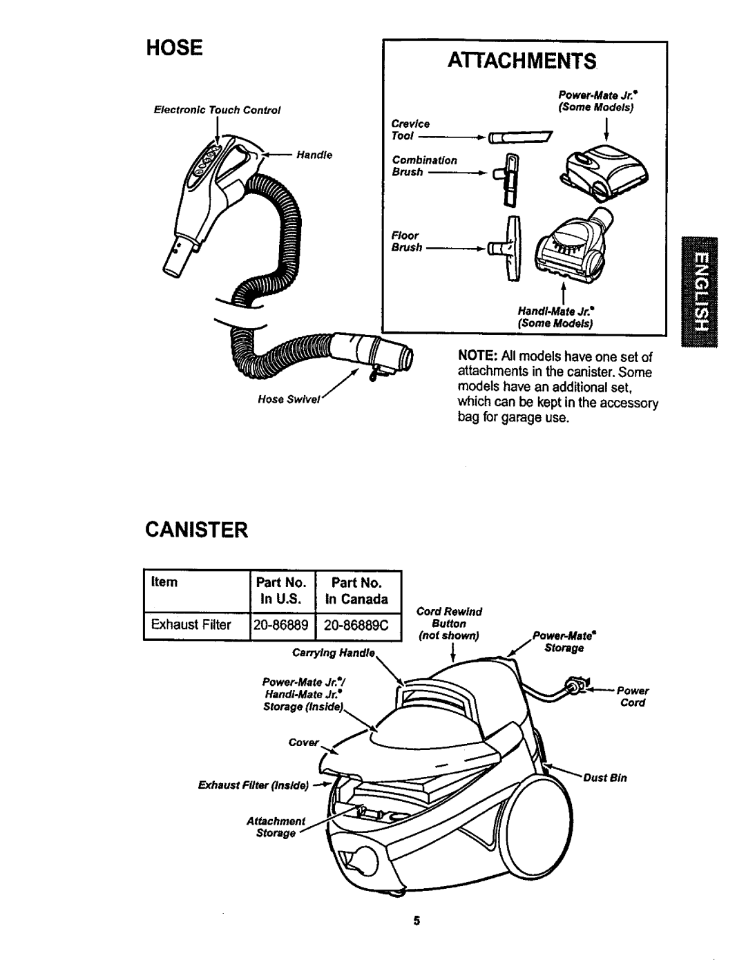 Kenmore 116.22822, 116.22823 owner manual Hose, Attachments, Canister, U.S Canada, Exhaust Filter 20-86889 20-86889C 